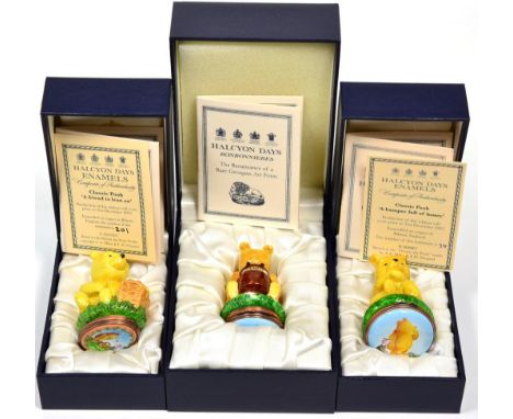 Three Halcyon Days Winnie the Pooh bonbonnieres comprising: ''A Hamper Full of Honey''; ''Winnie the Pooh and The Honey Pot''