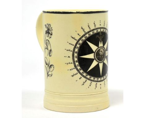 A creamware cylindrical mug, circa 1780, printed with a bust portrait within a compass