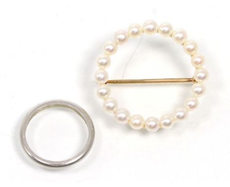 A band ring, finger size K, stamped '10% IRID PLAT' and a cultured pearl hoop brooch, stamped '14K'.  Band ring 3.9g, brooch,