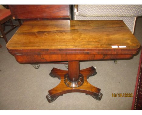 Early 19th century rosewood fold-top card table, quadruped base, 91cm wide