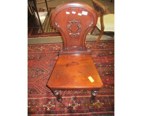 Victorian mahogany hall chair, arch back, solid seat and ring turned front supports