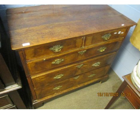 18th century oak and walnut chest of two short and three full width drawers on bracket feet, 98cm wide