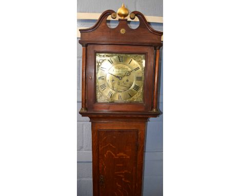 Late 18th/early 19th century oak provincial longcase clock with swan neck pediment and central gilded onion finial over a squ