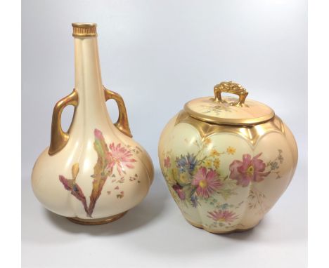 Royal Worcester ivory-ground bowl and cover 1412, 18cm high and 18ch diameter, and a bottle vase, 24cm. 