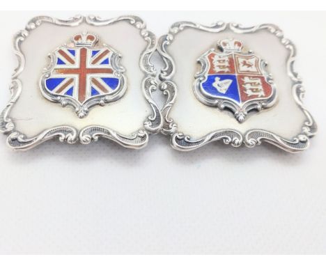 A pair of sterling silver and coloured enamel buckles. Gourdel Vales &amp; Co. Birmingham 1924. With the Royal Coat of Arms a
