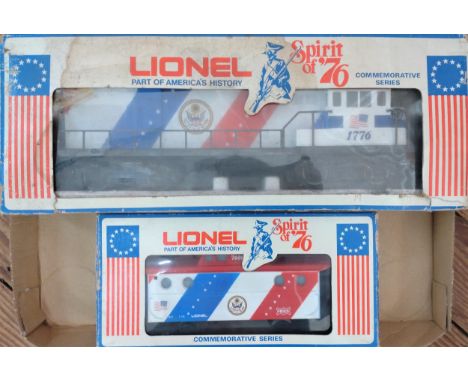 Lionel O gauge Spirit of '76 Commemorative Series U.36.B Diesle Locomotives and Caboose in window boxes. (2) 