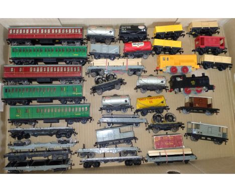 No 124C Three Hornby-Dublo SR Suburban Coaches, two maroon coaches, twenty-one Hornby-Dublo wagons including Esso and Mobil a