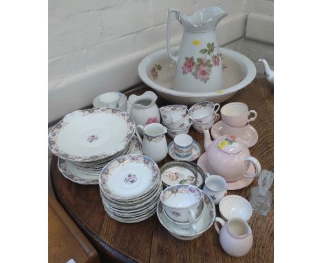 Soho Pottery pink Solian ware teapot with two cups and saucers and plate, a Dresden jug, other tablewares including Adderleys