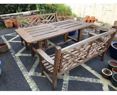 Solid wood garden table and two benches, table approx 168 x 83 x 74cm