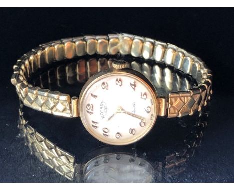 9ct Gold Cased Rotary Wristwatch with Gold numbers on a gold coloured strap in original case