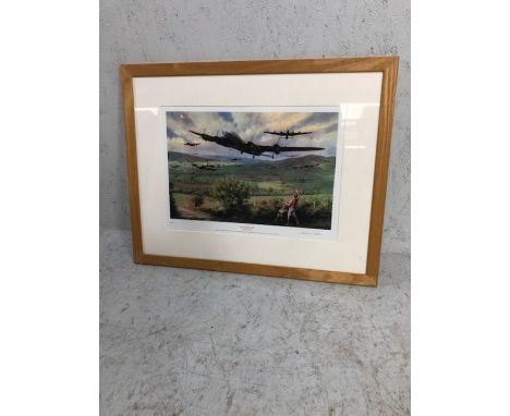 Military/local interest, Limited edition framed signed print by Michael Stride, number 70 of 100 , Lancaster Bomber flying ov