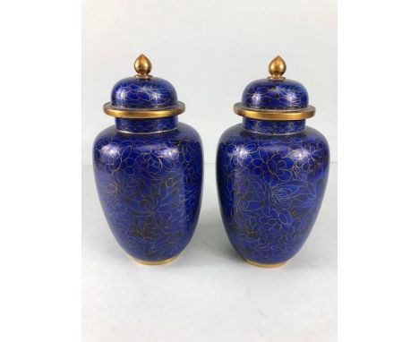 Chinese Cloisonne, pair of cobalt blue cloisonne enamel urns with lids, each approximately 20cm high, one A.F 