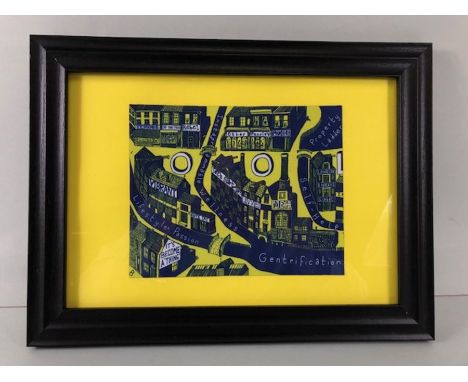 Sir Grayson Perry, art work  Gentrification printed on cloth in modern frame  (fabric approximately 14 x 19cm)