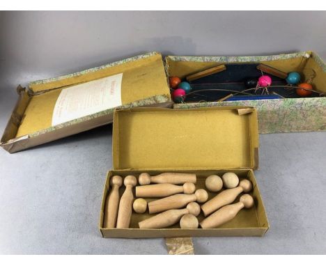 Vintage Toys, A set of wooden table skittles in their box and a Bombardo pool game from the Lord Roberts Memorial workshops,