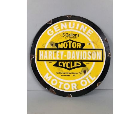 Enamel sign, Harley Davidson Motor Oil round enamel sign approximately 30cm across