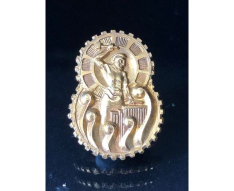 9ct Gold Rotary Industry Pin hallmarked to back and with 9ct screw butterfly. Raised decoration depicts a metalworker approx 