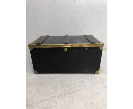 Antique Furniture, Traveling trunk with black painted finish and polished brass banding , drop handles to sides approximately