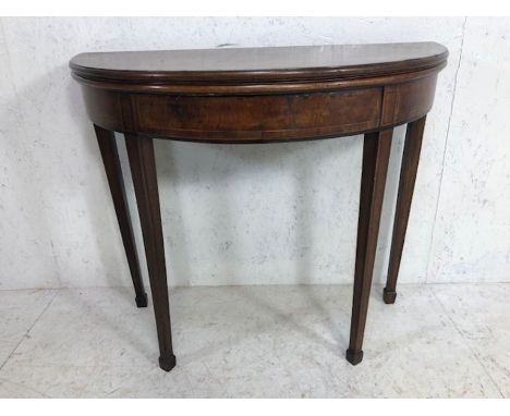 Antique furniture, Half moon side table on tapered legs opening to make a round card table, the top and legs with inlay and s