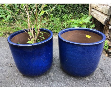 Pair of glazed blue Garden pots approx 35cm tall