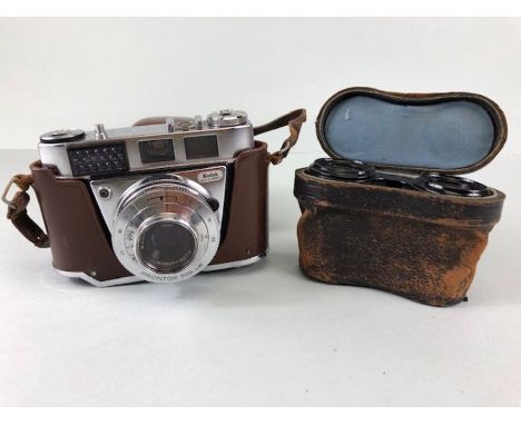Vintage Kodak  Retinette 1B Pronator 500LX 35mm Camera in its case, and a pair of opera glasses in their case,