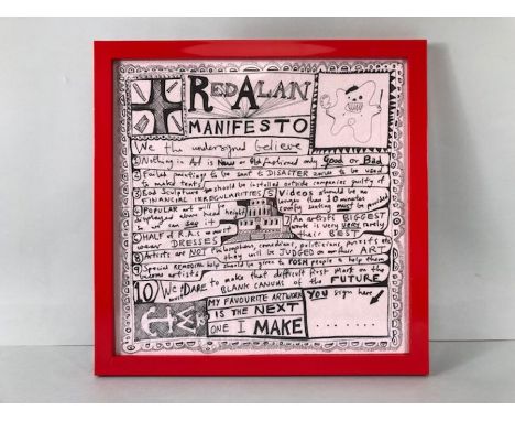 Sir Grayson Perry,  art work  Red Alan Manifesto  printed on paper napkin, in modern frame ( art work 33cm x 33cm )