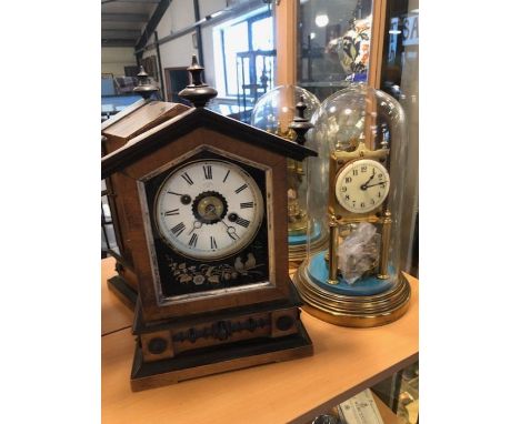 Antique clocks,  a brass clock with enamel dial by Gustav Becker under glass dome and a wooden cased Export chiming mantel cl