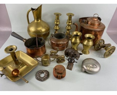 Copper and Brass wares, a collection of copper, brass and other items to include , a glue pot, kettle, cannon, Chinese vases,