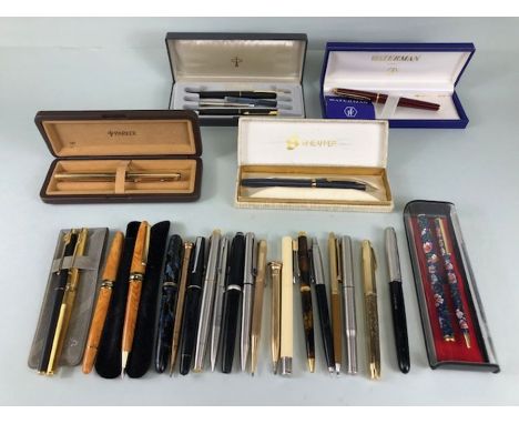 Large collection of mostly vintage pens, fountain pens. Some boxed sone rolled gold to include Watermann, Sheaffer & Parker