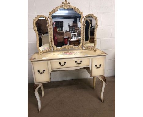 Furniture, vintage Hand painted dressing table on cabriolet legs with mirror, in the French style, one central drawer and 2 d