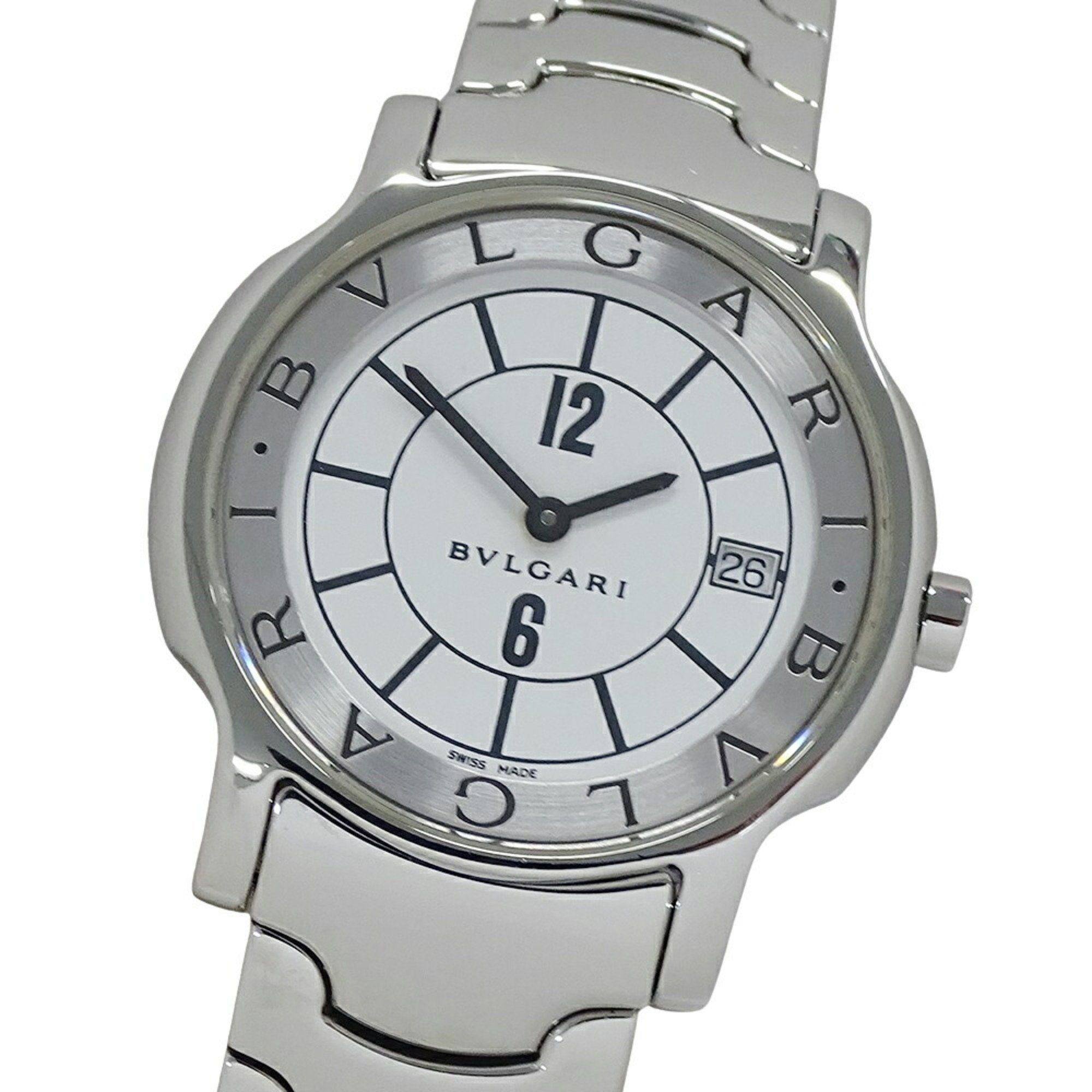 BVLGARI Men's Solotempo Date Quartz Watch Stainless Steel SS ST35S Silver White Polished