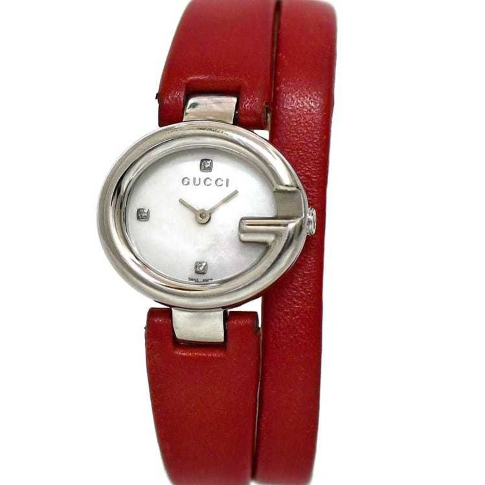 Gucci Watch f-21226 Shell Silver Red G Balloon 134.5 Double SS Leather Quartz 1432**** GUCCI 3P Ston