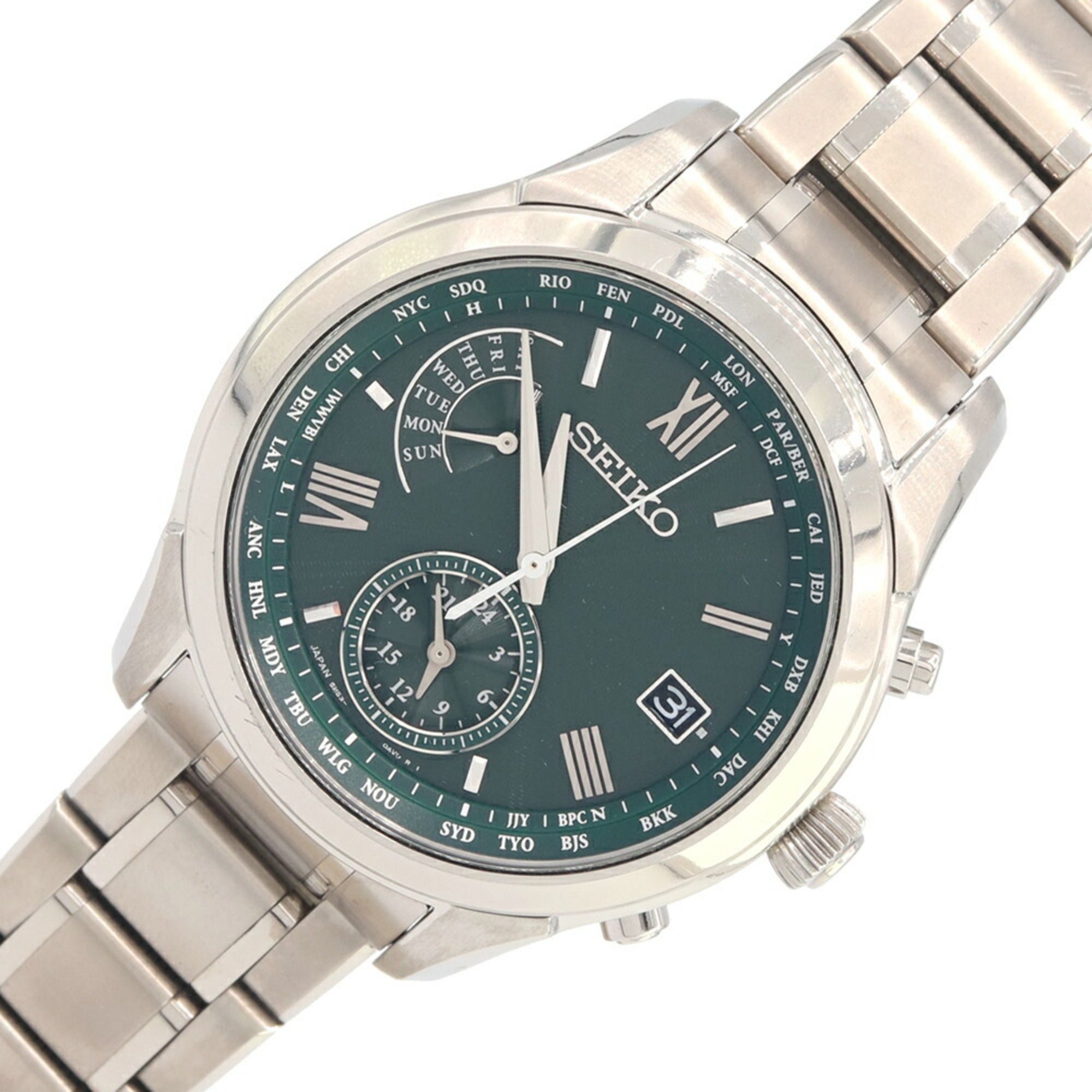 Seiko Men's Watch Brightz World Time SAGA307 Titanium Solar Radio Wristwatch Green SEIKO