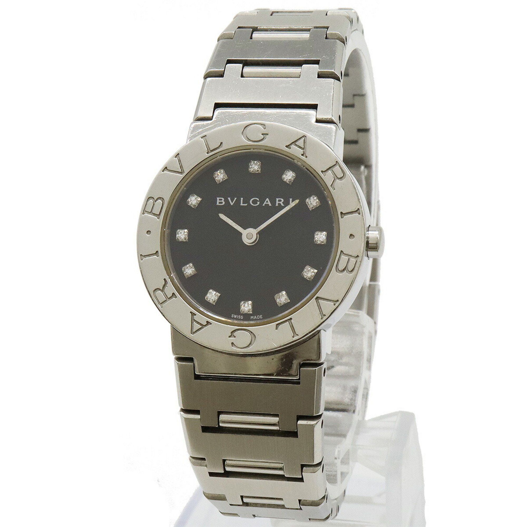 BVLGARI 12P Diamond Black Dial SS Ladies Quartz Watch BB26SS