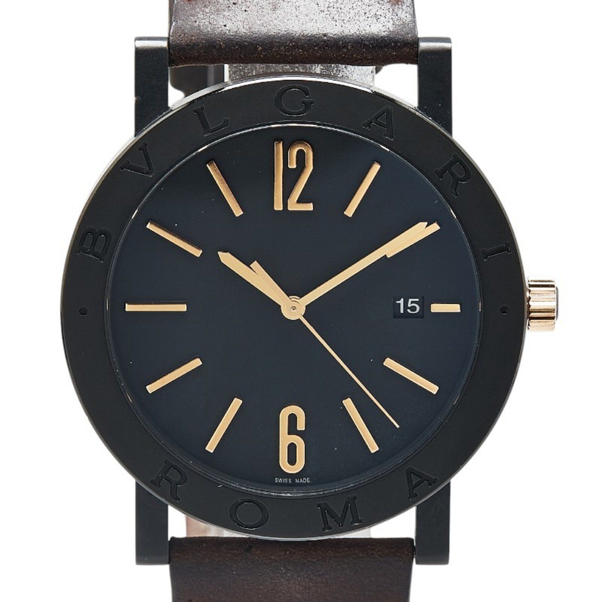 BVLGARI Watch BB41S Automatic Black Dial Stainless Steel Leather Men's