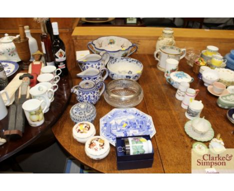 A quantity of blue and white china to include a Spode "Blue Room" plate; a silver rimmed glass bowl; a Royal Worcester egg co