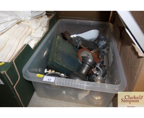 A box containing various pewter and plated ware, enamel medical dish etc.