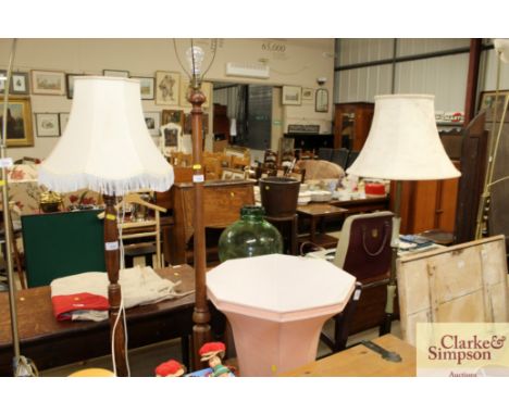 A turned mahogany standard lamp and shade
