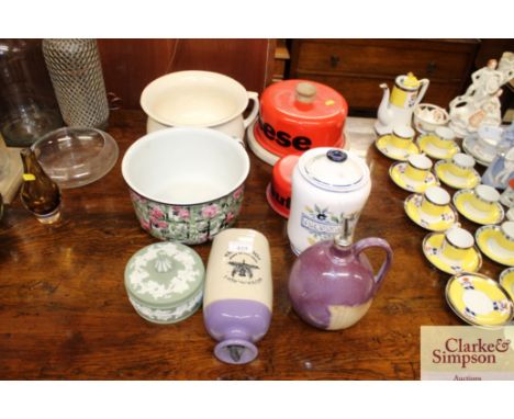 A foot warmer together with two chamber pots; an enamel cheese dish and base; Jasperware jar and cover etc