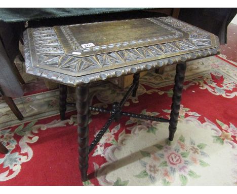 Carved oak occasional table with bobbin turned legs - thought to be Bromsgrove guild