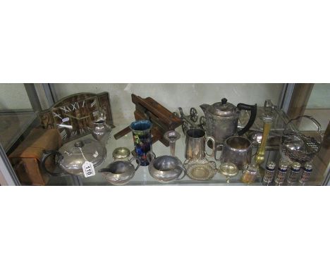 Shelf of pewter, old wood plane, clock etc