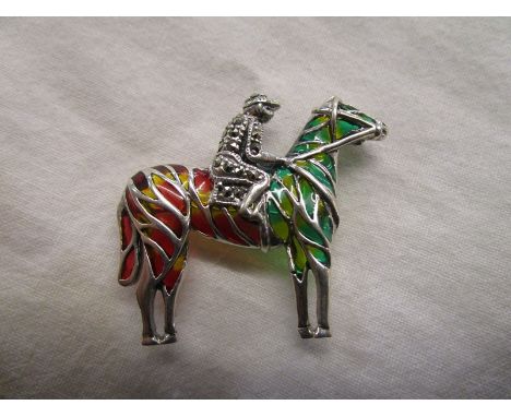 Silver &amp; champlevé enamel horse &amp; jockey brooch