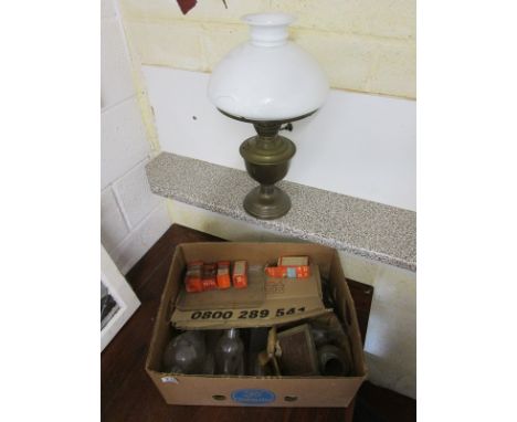 Oil lamp &amp; box of lamp chimneys, wicks etc