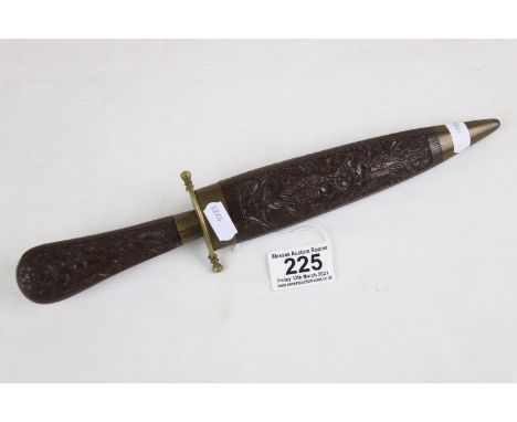 A Vintage Asian Dagger With Ornately Carved Wooden Grip And Scabbard And Brass Fixings. 