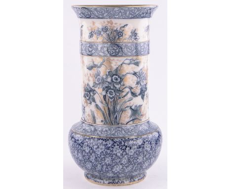 A Large Victorian Doulton Burslem ceramic stick stand,with blue & white transfer daffodil design highlighted with gilding, he