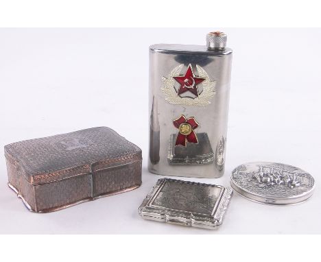 2 Silver plated compacts,a plated jewel box & a Russian hip flask (4)