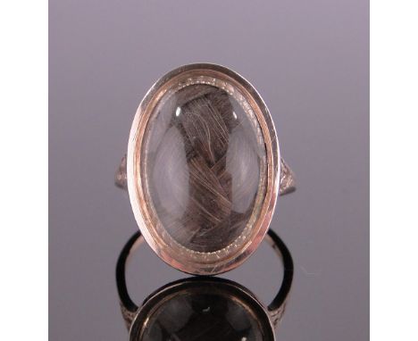 A George III unmarked gold mourning ring,with oval hair panel inscribed on reverse Martha Greenway died 15 March 1800 age 75,