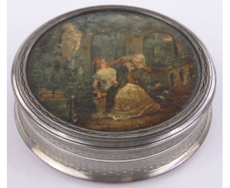 A 19th century French silver cylindrical box,the lid having an inset miniature oil painting depicting an amorous couple in ga