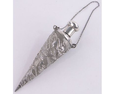 A Chinese Export silver scent flask of tapered form,with chased dragons & clouds, length 8.5 cm