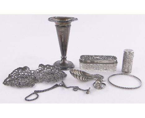 Group of silver items,including caddy spoon, nurse's buckle etc