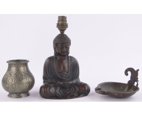 3 pieces of Oriental metalware,including a bronze seated Buddha lamp base & a Middle Eastern engraved brass vase (3)